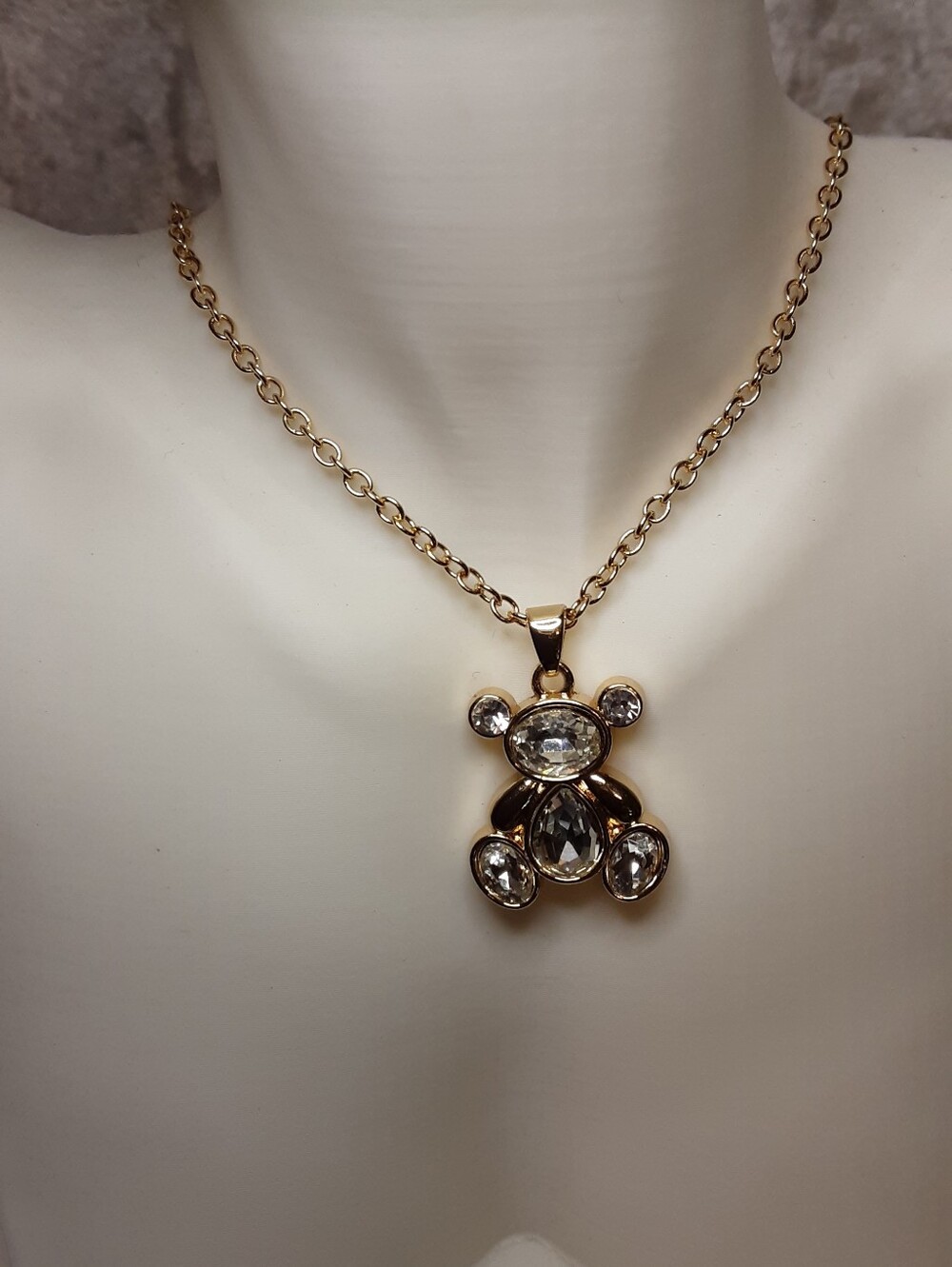 Handmade Gold-Tone Crystal Teddy Bear Pendant Necklace 18" Chain